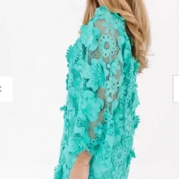 J.Marie Seraphina Dress XS mint green Short Floral 3D Lace caftan XSmall - Picture 4 of 6